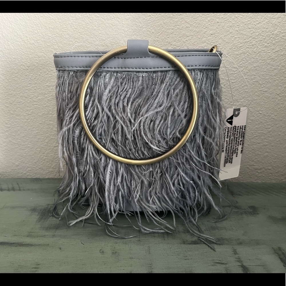 Anthropologie Gray Feathered Crossbody Bag with Gold Ring
